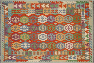 Flat Weave Kilim, Antique, Navaho, Vintage, Handmade, Geometric Kilim Rust Blue Hand-Woven Rectangle 100% Wool Area Rug 7 x 10